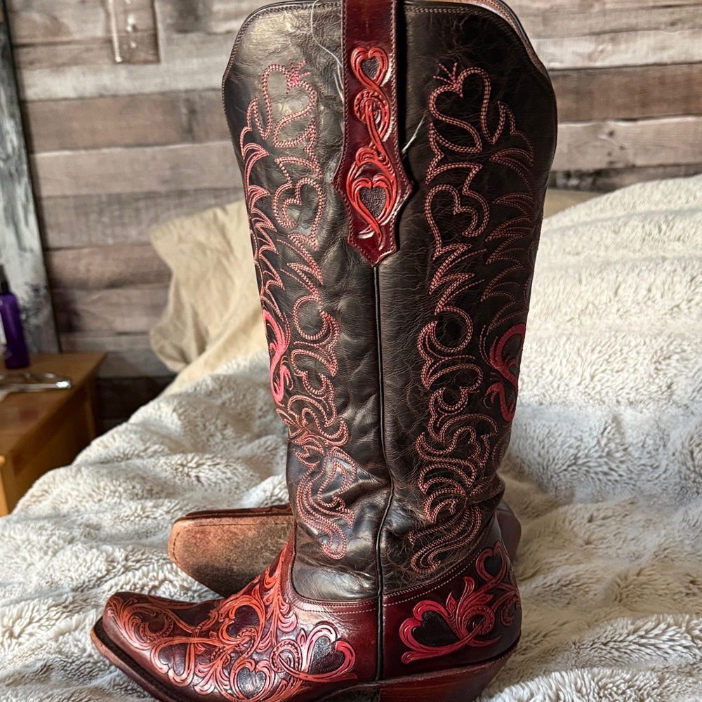 Tony Lama Dark Brown and Red Embroidered Heeled Boots - Picture 2 of 5
